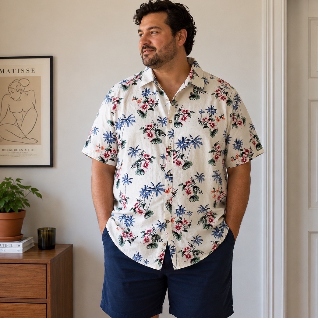 Denim & Flower Button Down Tropical Vacation Mens Xl White Floral Palm